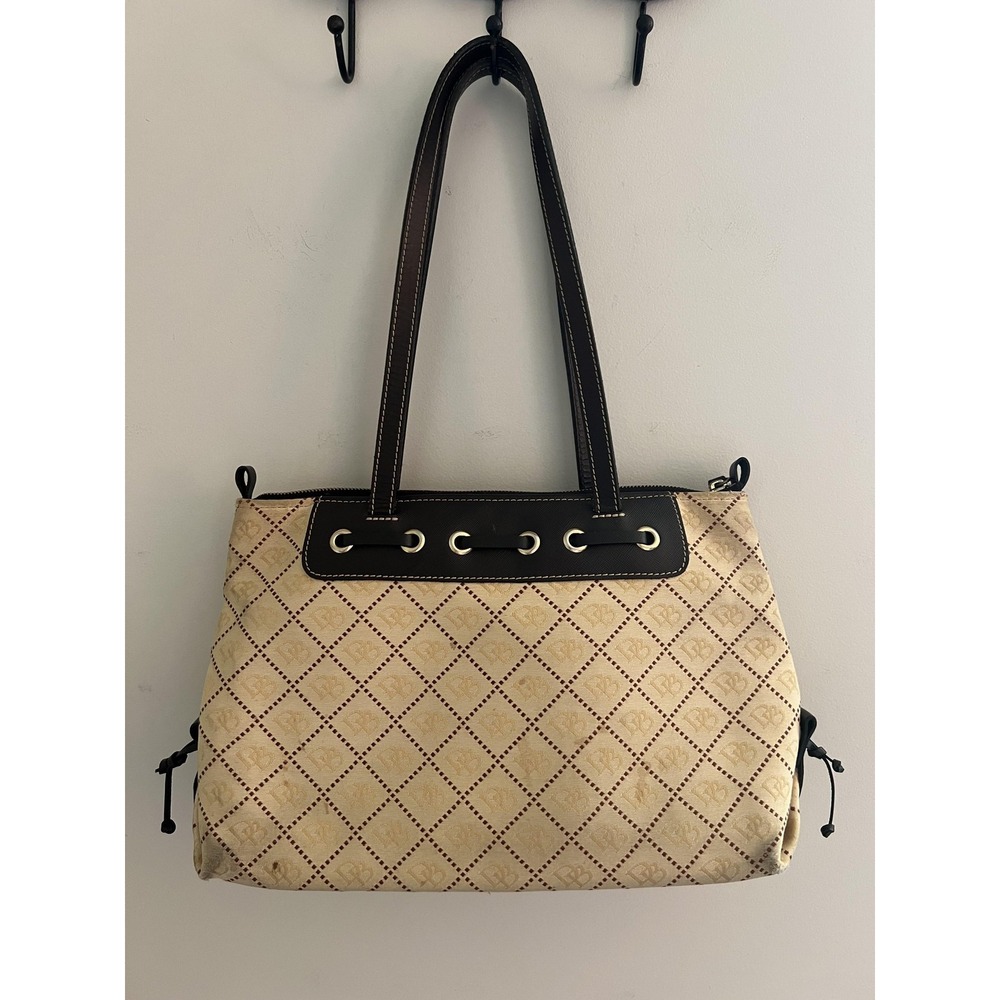 Dooney & Bourke Tote Bag Womens Medium Beige Logo Jacquard Leather Tassel - Picture 2 of 12